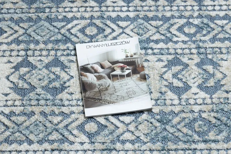 Teppich Strukturell SOLE D3732 Aztekisch, Diamanten flach gewebt blau / beige