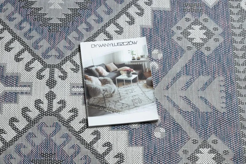 Teppich SISAL SION aztekisch 3007 flach gewebt blau / rosa / ecru