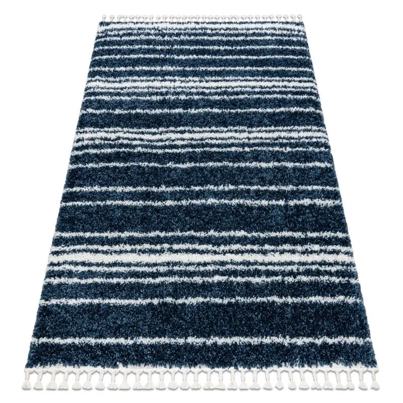 Teppich UNION 4080 Streifen blau / sahne Franse berber marokkanisch shaggy zottig