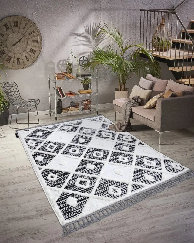Teppich MAROC P662 Diamanten schwarz / weiß Franse berber marokkanisch shaggy