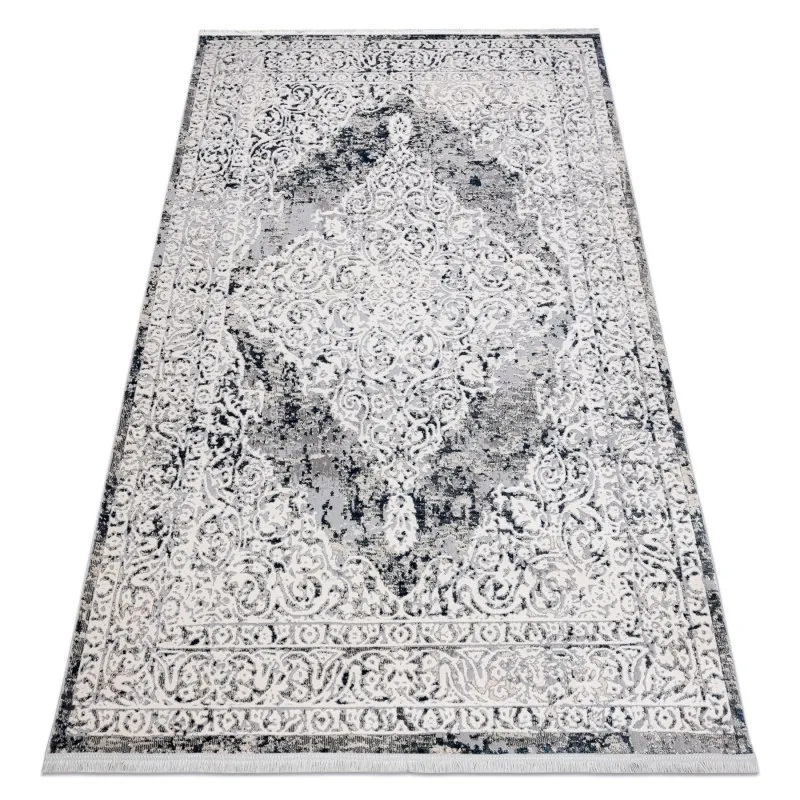 Modern Teppich REBEC Franse 51122A - zwei Ebenen aus Vlies creme / dunkelblau 