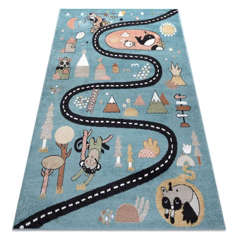 Teppich FUN Route für Kinder, Straße, Tiere blau