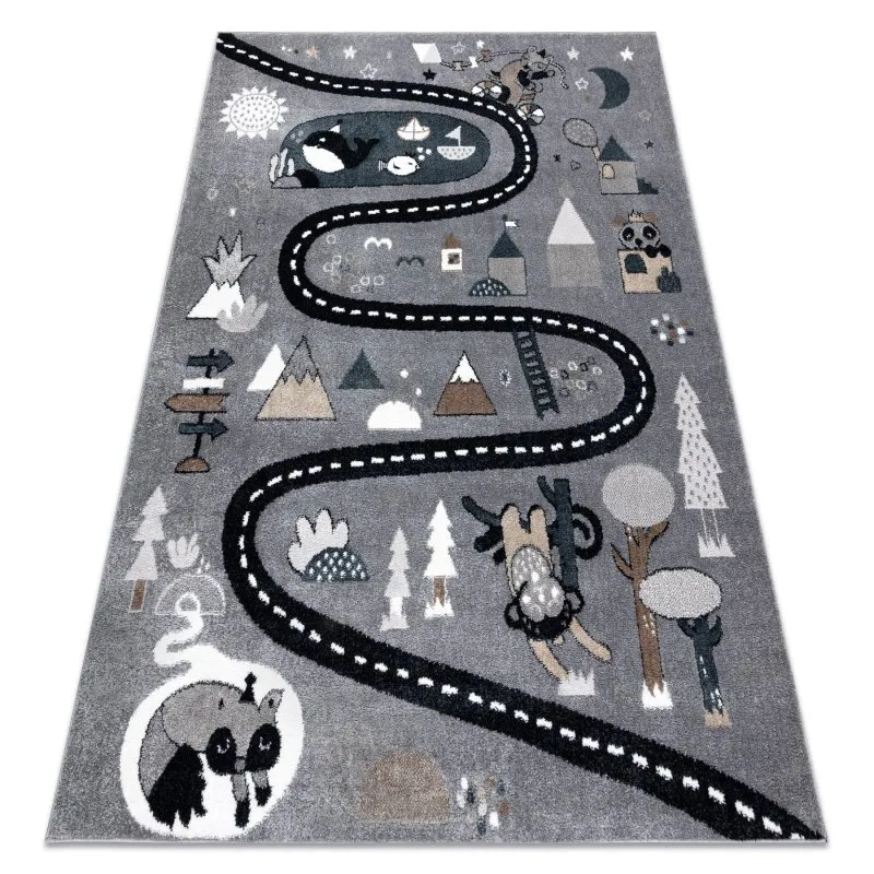 Teppich FUN Route für Kinder, Straße, Tiere grau