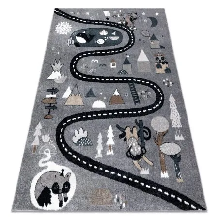 Teppich FUN Route für Kinder, Straße, Tiere grau