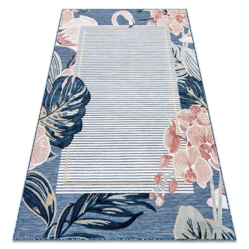 Teppich Strukturell BOTANIC 65240 Flamingo, Blätter flach gewebt für Balkon, Terrasse - dunkelblau