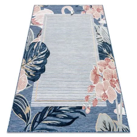 Teppich Strukturell BOTANIC 65240 Flamingo, Blätter flach gewebt für Balkon, Terrasse - dunkelblau