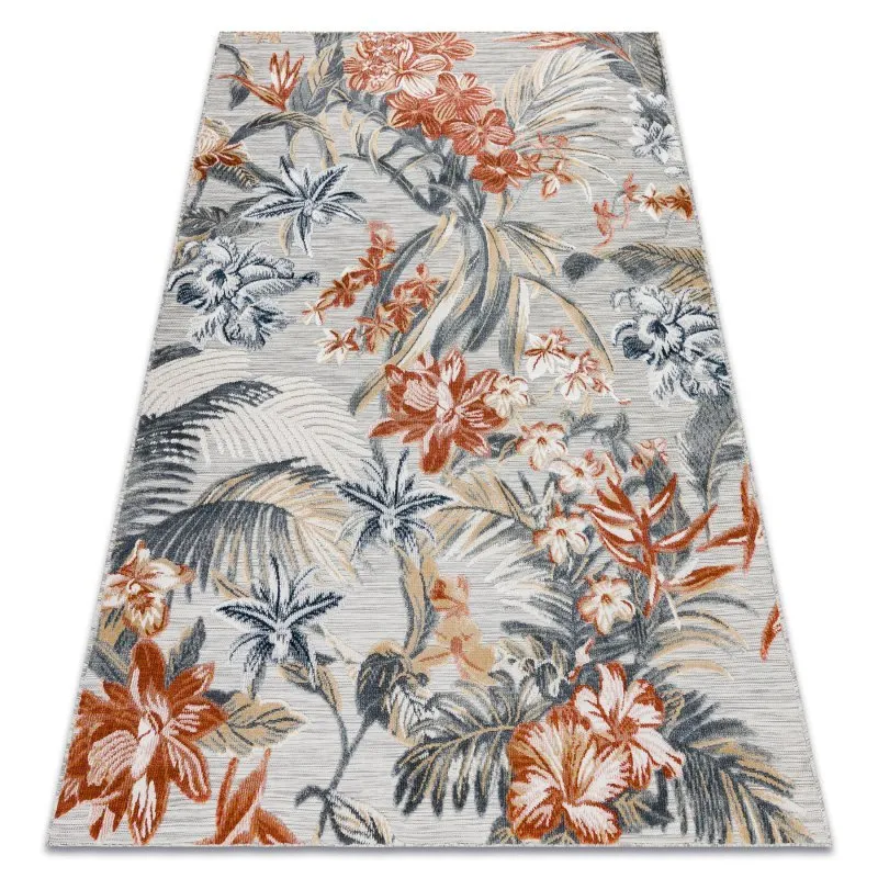 Teppich Strukturell BOTANIC 65262 Blumen, flach gewebt für Balkon, Terrasse - grau