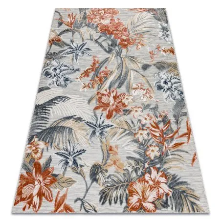 Teppich Strukturell BOTANIC 65262 Blumen, flach gewebt für Balkon, Terrasse - grau