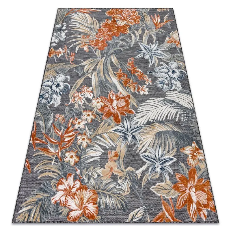 Teppich Strukturell BOTANIC 65262 Blumen, flach gewebt für Balkon, Terrasse - schwarz