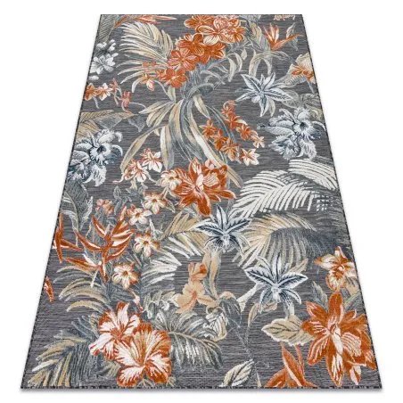 Teppich Strukturell BOTANIC 65262 Blumen, flach gewebt für Balkon, Terrasse - schwarz