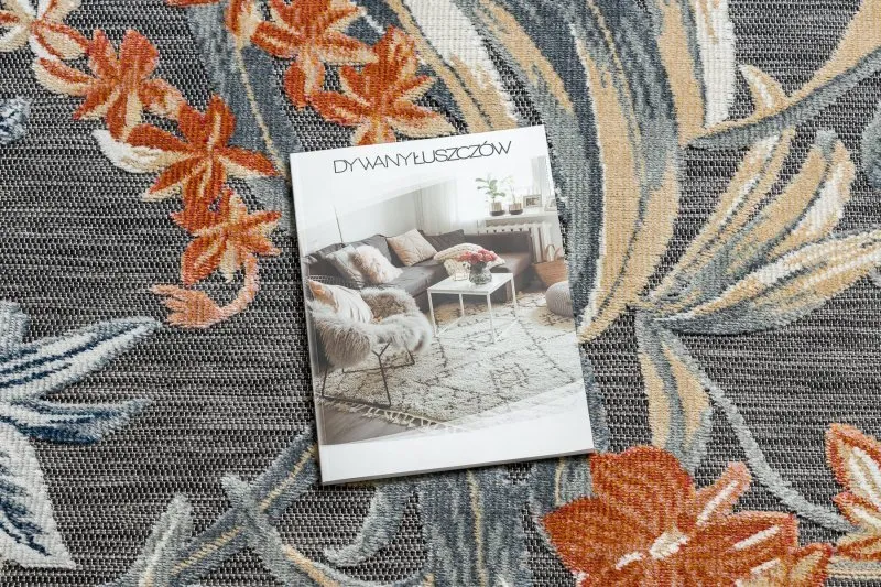 Teppich Strukturell BOTANIC 65262 Blumen, flach gewebt für Balkon, Terrasse - schwarz