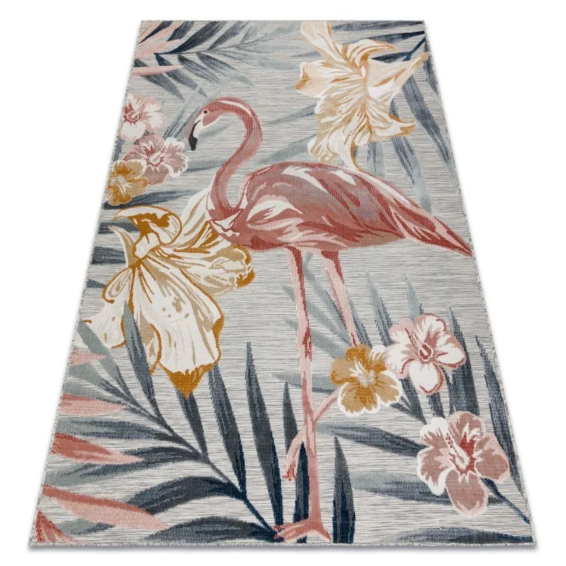 Teppich Strukturell BOTANIC 65263 Flamingo, Blumen flach gewebt für Balkon, Terrasse - grau