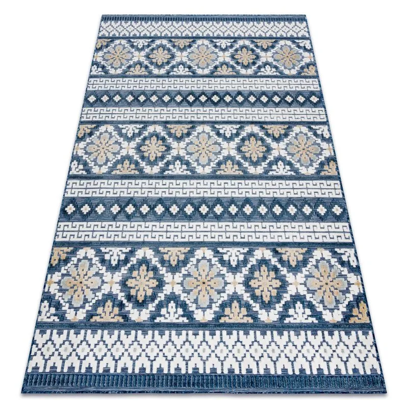 Teppich Strukturell BOTANIC 65252 Boho, flach gewebt für Balkon, Terrasse - dunkelblau