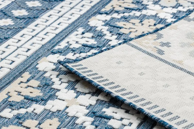 Teppich Strukturell BOTANIC 65252 Boho, flach gewebt für Balkon, Terrasse - dunkelblau