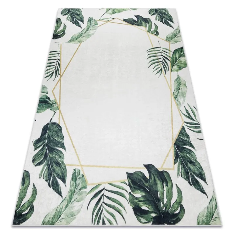 ANDRE 1168 Waschteppich Monstera-Blätter, geometrisch Anti-Rutsch - weiß / grün