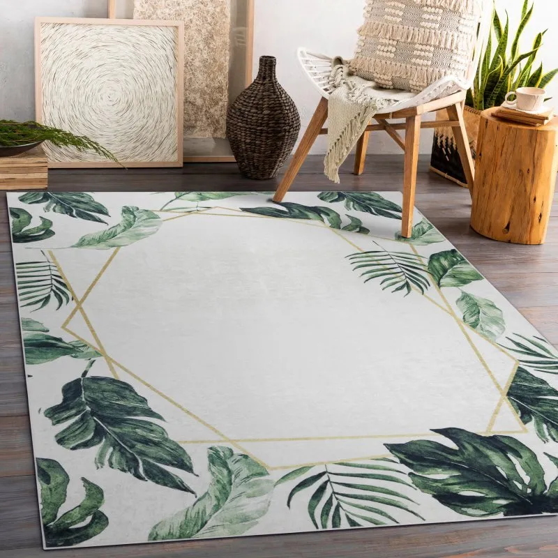 ANDRE 1168 Waschteppich Monstera-Blätter, geometrisch Anti-Rutsch - weiß / grün