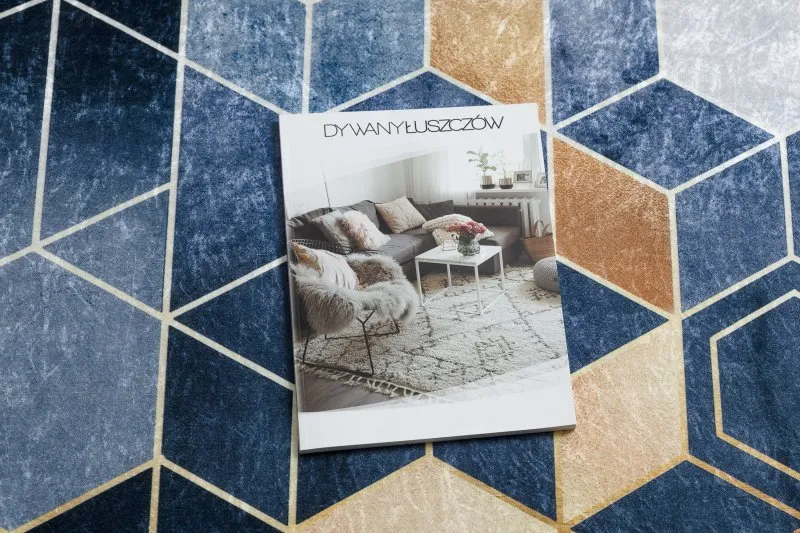 ANDRE 1216 Waschteppich Würfel, geometrisch Anti-Rutsch - blau