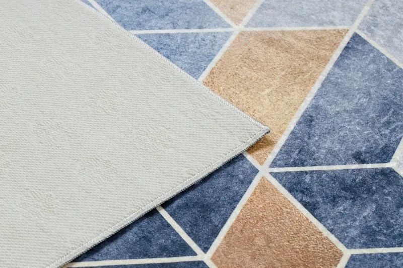 ANDRE 1216 Waschteppich Würfel, geometrisch Anti-Rutsch - blau