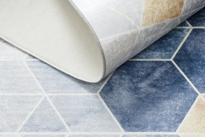 ANDRE 1216 Waschteppich Würfel, geometrisch Anti-Rutsch - blau