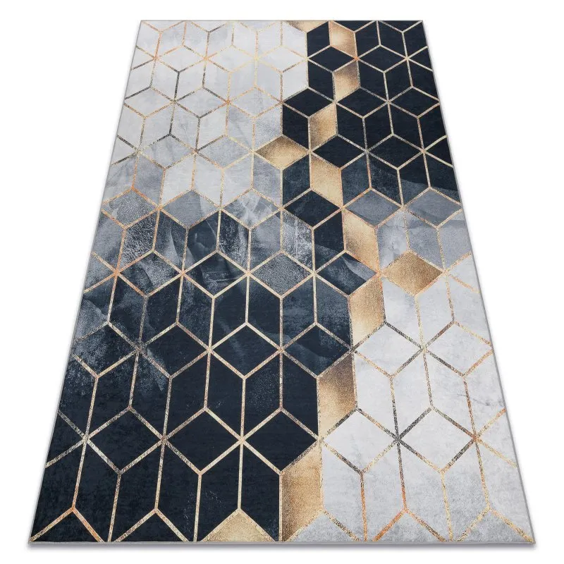 ANDRE 1171 Waschteppich Würfel, geometrisch Anti-Rutsch - schwarz / gold