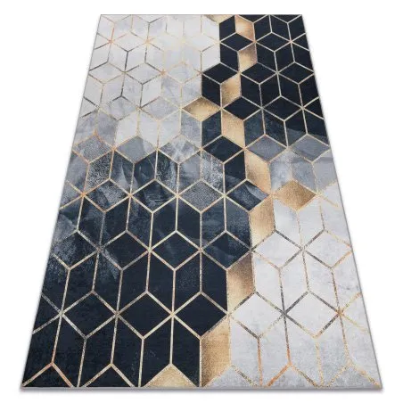 ANDRE 1171 Waschteppich Würfel, geometrisch Anti-Rutsch - schwarz / gold