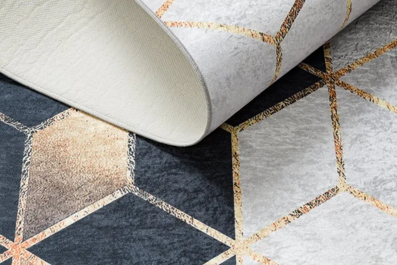 ANDRE 1171 Waschteppich Würfel, geometrisch Anti-Rutsch - schwarz / gold