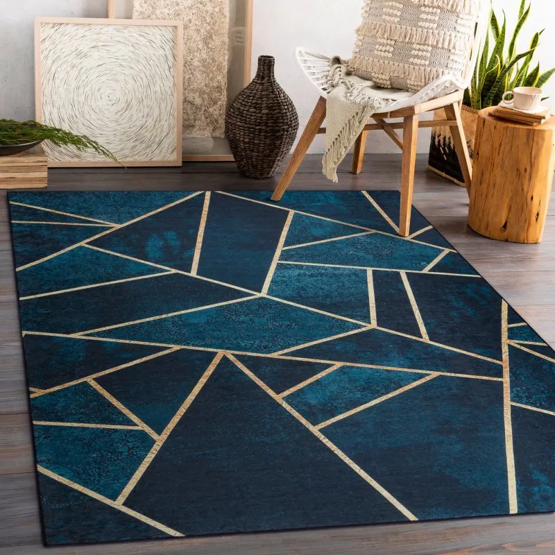 ANDRE 1173 Waschteppich Mosaik, geometrisch Anti-Rutsch - türkis / gold