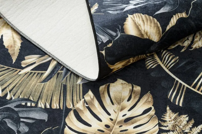 ANDRE 1311 Waschteppich Monstera-Blätter Anti-Rutsch - schwarz / gold