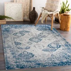 ANDRE 1819C Waschteppich Rosette, vintage Anti-Rutsch - beige / blau