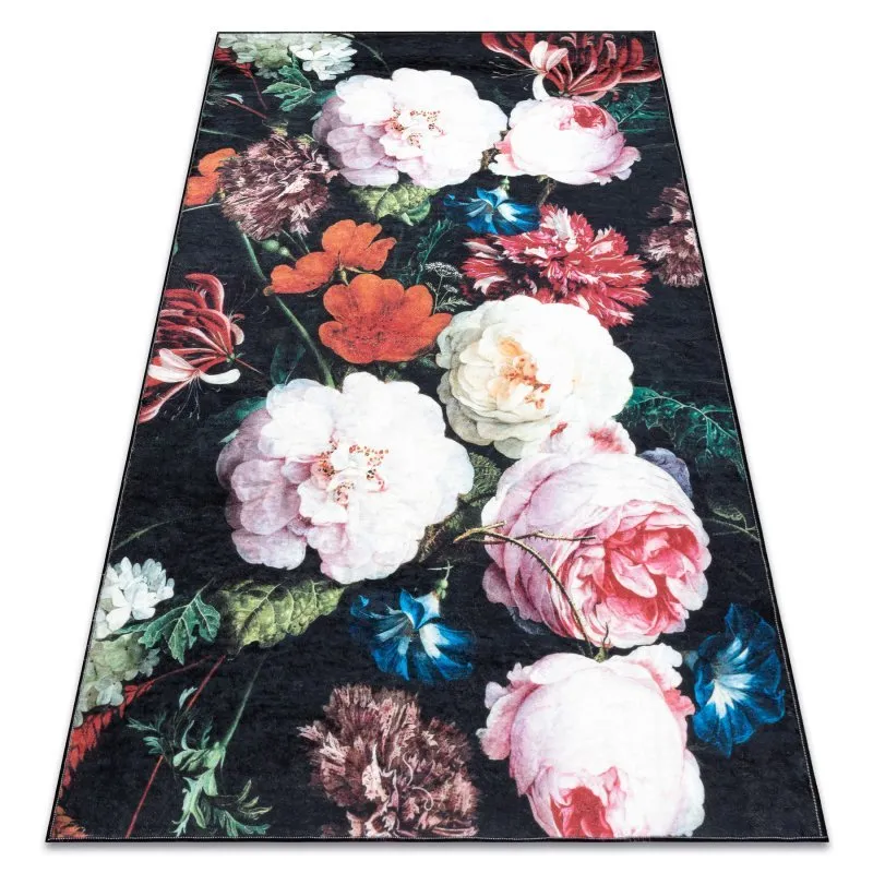 ANDRE 1629 Waschteppich Blumen vintage Anti-Rutsch - schwarz / rosa