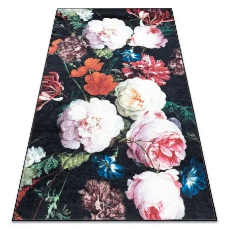 ANDRE 1629 Waschteppich Blumen vintage Anti-Rutsch - schwarz / rosa