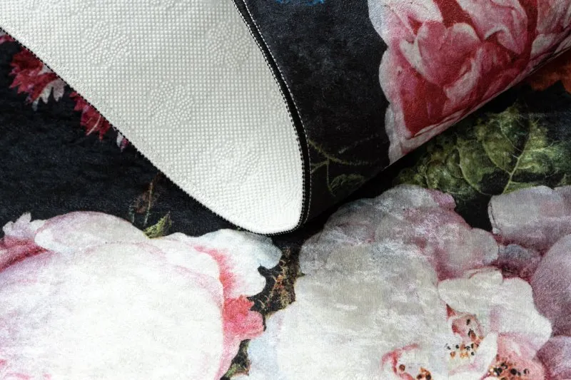 ANDRE 1629 Waschteppich Blumen vintage Anti-Rutsch - schwarz / rosa