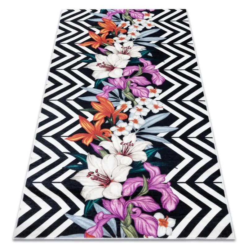 ANDRE 2300 Waschteppich Blumen, ZigZag vintage Anti-Rutsch - schwarz / weiß