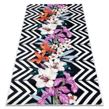 ANDRE 2300 Waschteppich Blumen, ZigZag vintage Anti-Rutsch - schwarz / weiß