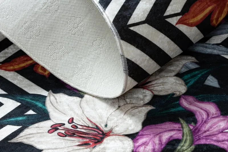 ANDRE 2300 Waschteppich Blumen, ZigZag vintage Anti-Rutsch - schwarz / weiß