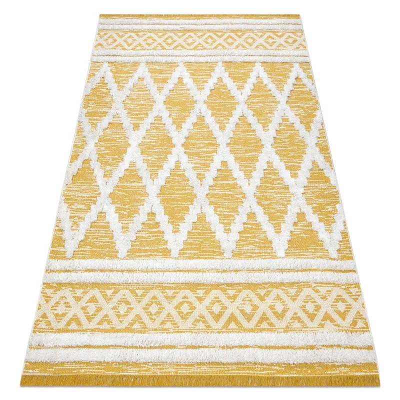 Teppich ÖKO SISAL BOHO MOROC Diamanten 22297 Franse - zwei Ebenen aus Vlies gelb / creme, recycelter Teppich
