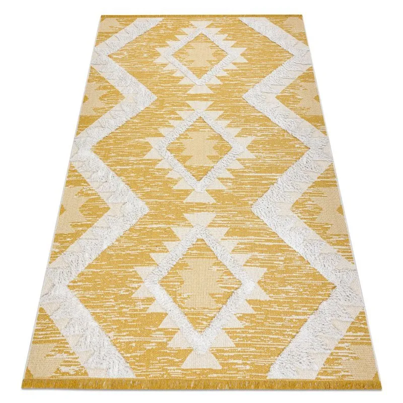 Teppich ÖKO SISAL BOHO MOROC Diamanten 22312 Franse - zwei Ebenen aus Vlies gelb / creme, recycelter Teppich