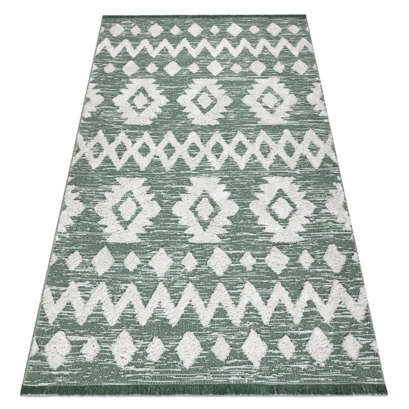 Teppich ÖKO SISAL BOHO MOROC Etno Zigzag 22319 Franse - zwei Ebenen aus Vlies grün / creme, recycelter Teppich