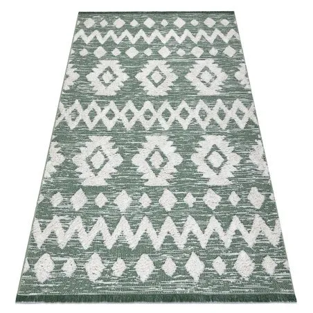 Teppich ÖKO SISAL BOHO MOROC Etno Zigzag 22319 Franse - zwei Ebenen aus Vlies grün / creme, recycelter Teppich