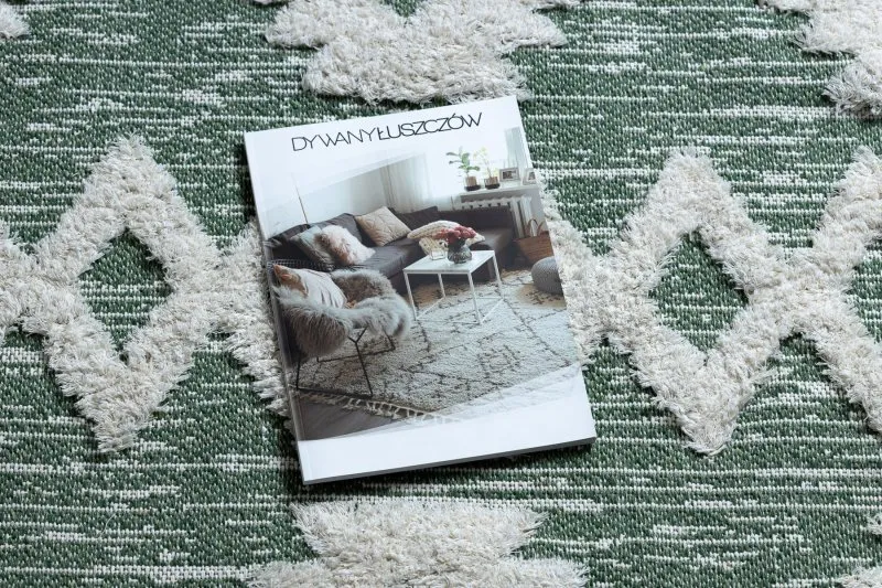 Teppich ÖKO SISAL BOHO MOROC Etno Zigzag 22319 Franse - zwei Ebenen aus Vlies grün / creme, recycelter Teppich