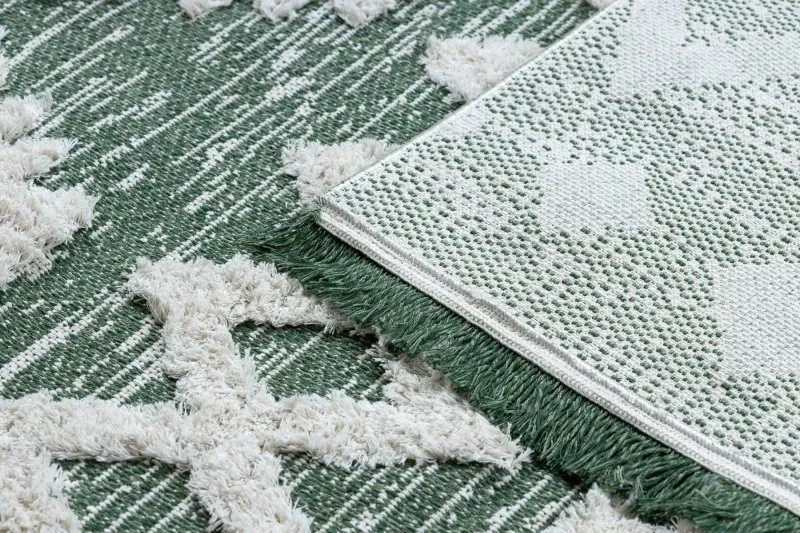 Teppich ÖKO SISAL BOHO MOROC Etno Zigzag 22319 Franse - zwei Ebenen aus Vlies grün / creme, recycelter Teppich