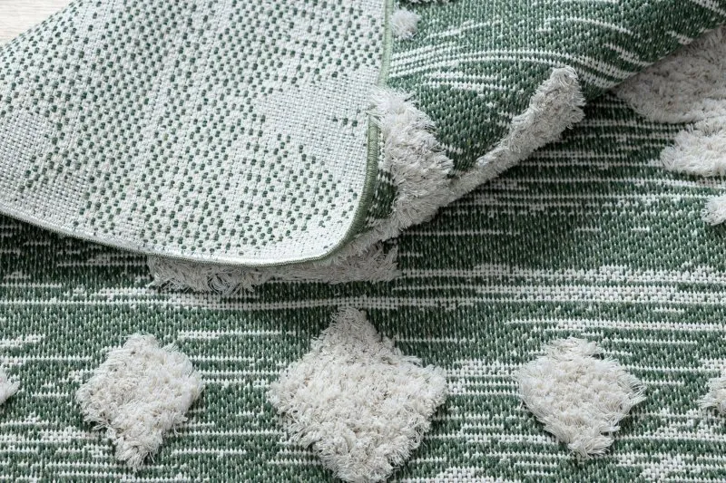 Teppich ÖKO SISAL BOHO MOROC Etno Zigzag 22319 Franse - zwei Ebenen aus Vlies grün / creme, recycelter Teppich