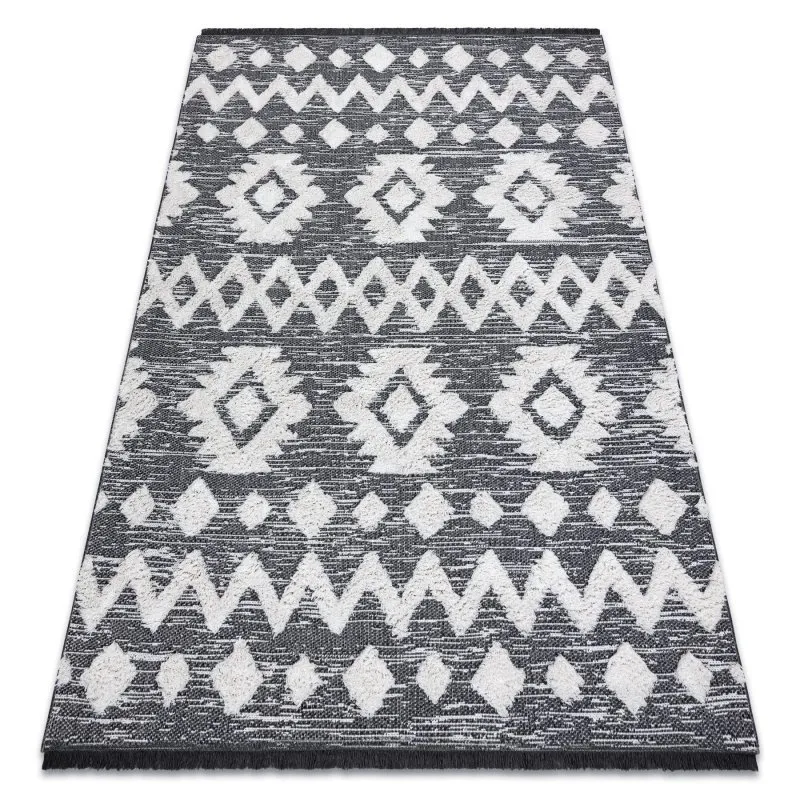 Teppich ÖKO SISAL BOHO MOROC Etno Zigzag 22319 Franse - zwei Ebenen aus Vlies grau / creme, recycelter Teppich