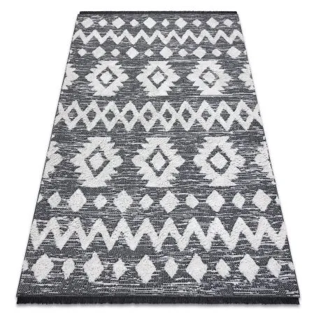 Teppich ÖKO SISAL BOHO MOROC Etno Zigzag 22319 Franse - zwei Ebenen aus Vlies grau / creme, recycelter Teppich