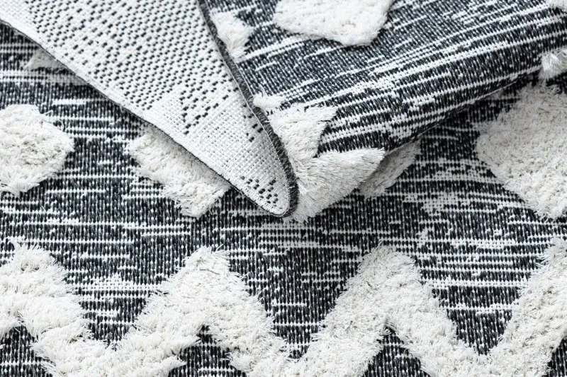 Teppich ÖKO SISAL BOHO MOROC Etno Zigzag 22319 Franse - zwei Ebenen aus Vlies grau / creme, recycelter Teppich