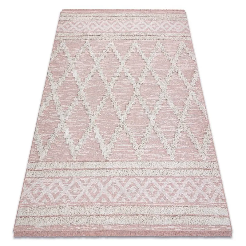 Teppich ÖKO SISAL BOHO MOROC Diamanten 22297 Franse - zwei Ebenen aus Vlies rosa / creme, recycelter Teppich