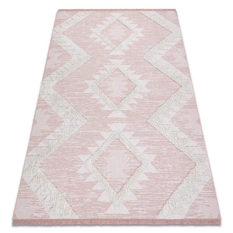 Teppich ÖKO SISAL BOHO MOROC Diamanten 22312 Franse - zwei Ebenen aus Vlies rosa / creme, recycelter Teppich