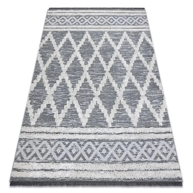 Teppich ÖKO SISAL BOHO MOROC Diamanten 22297 Franse - zwei Ebenen aus Vlies grau / creme, recycelter Teppich