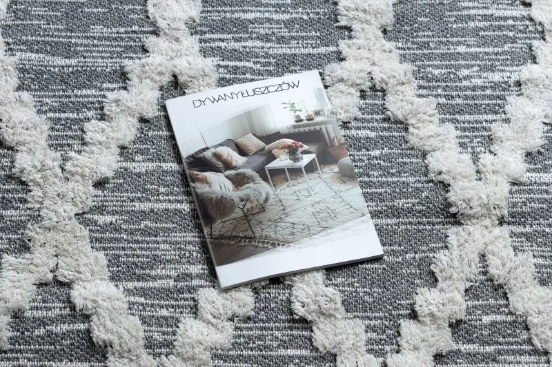 Teppich ÖKO SISAL BOHO MOROC Diamanten 22297 Franse - zwei Ebenen aus Vlies grau / creme, recycelter Teppich