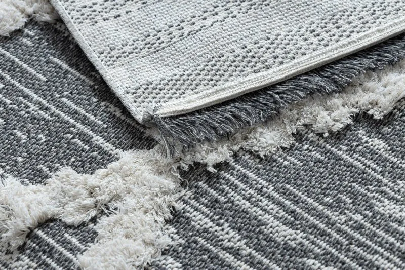 Teppich ÖKO SISAL BOHO MOROC Diamanten 22297 Franse - zwei Ebenen aus Vlies grau / creme, recycelter Teppich